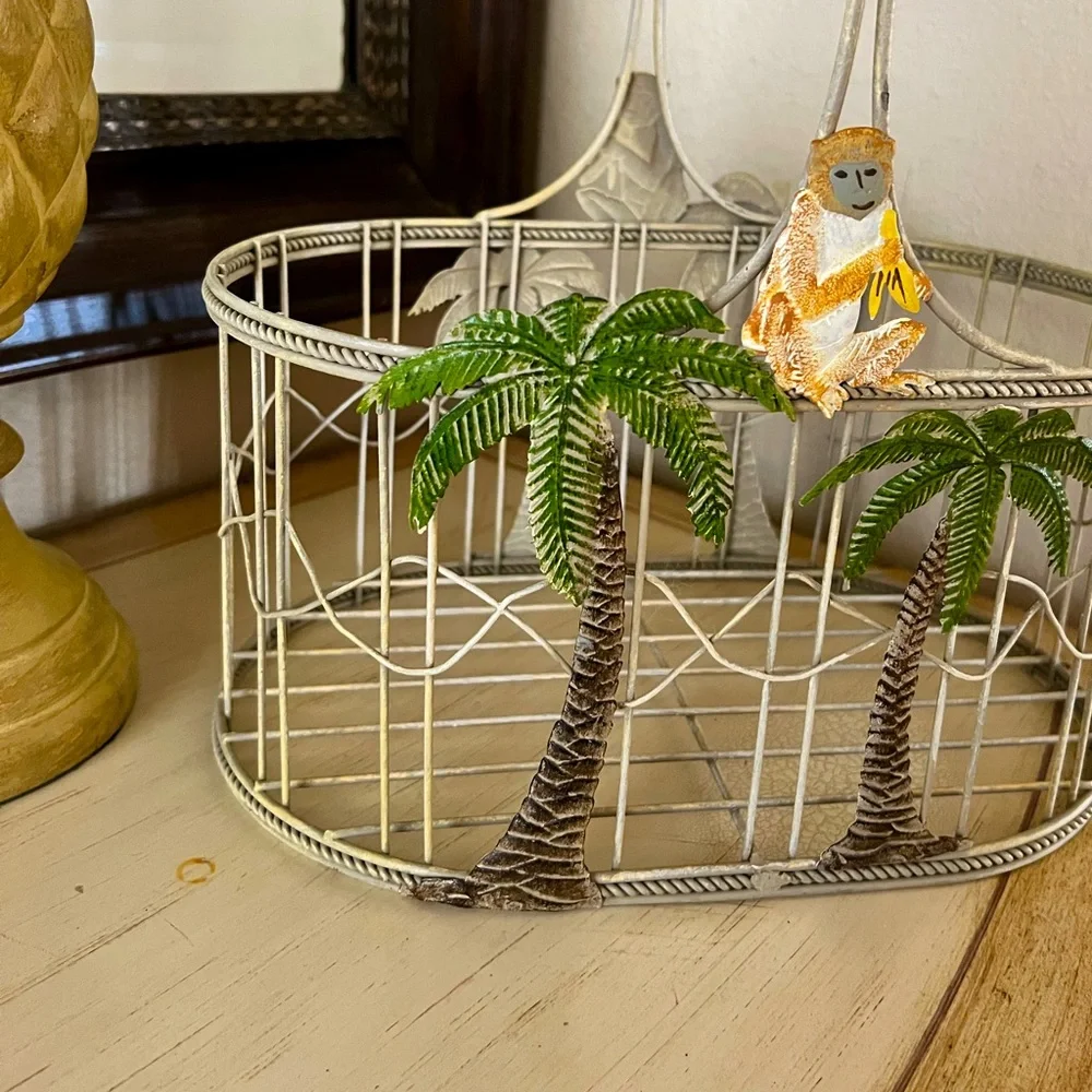 Large Tropical Palm Tree Wire Basket with Monkey Accent
